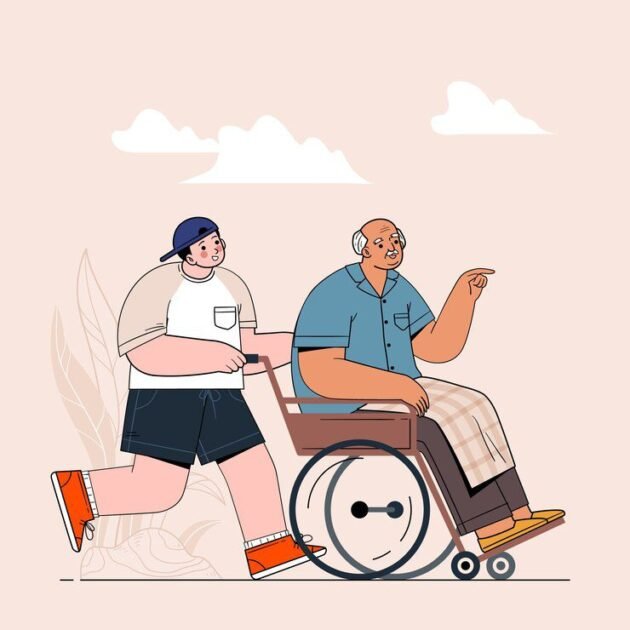 A boy pushing an old man on a wheelchair