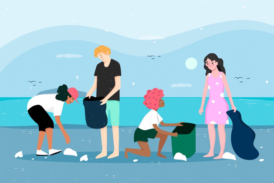 4 people collecting litter from the beach